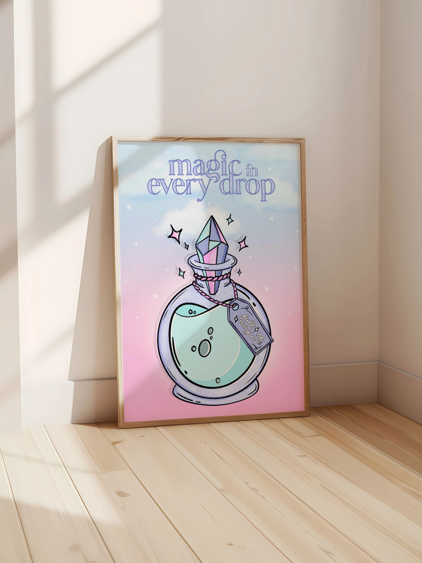 Art print featuring an illustrated potion bottle with a crystal stopper and the phrase "Magic in Every Drop" displayed in a frame.