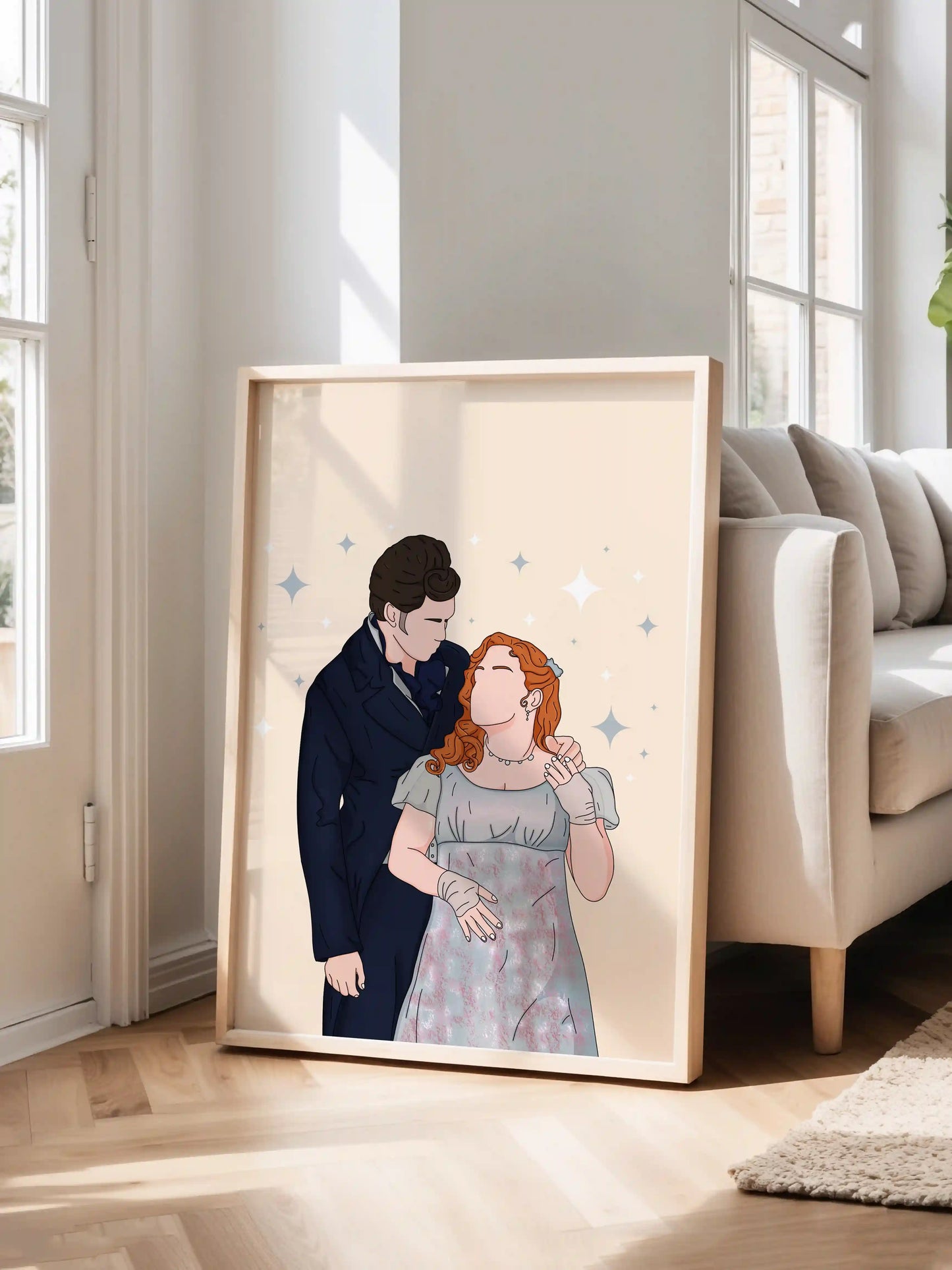 Art print inspired by Bridgerton, featuring Penelope and Colin, displayed in a frame.