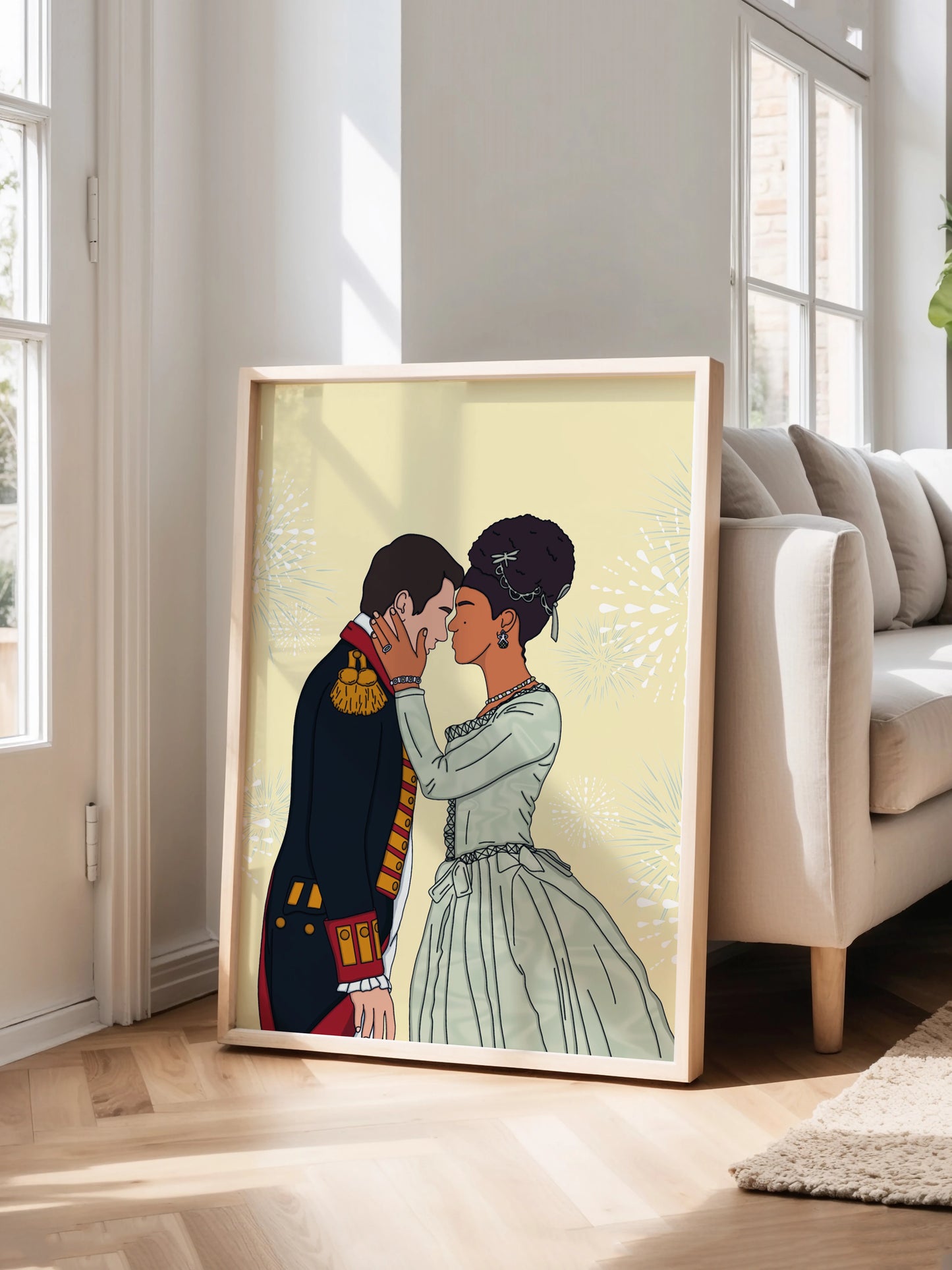 Art print inspired by Queen Charlotte, featuring Charlotte and King George, displayed in a frame.