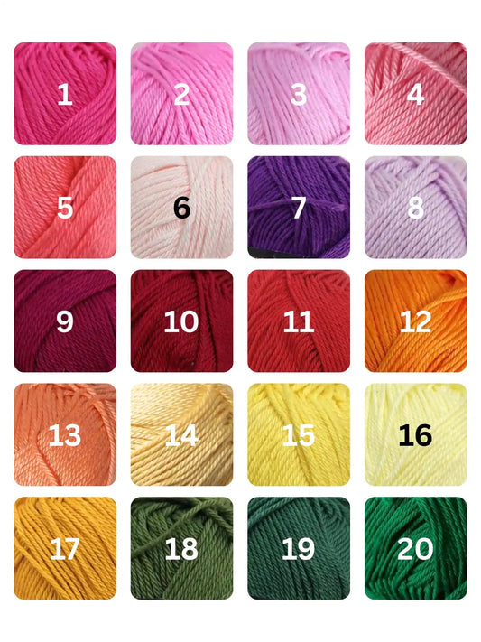 Close-up yarn color chart showing shades 1 to 20 available for custom punch needle orders.