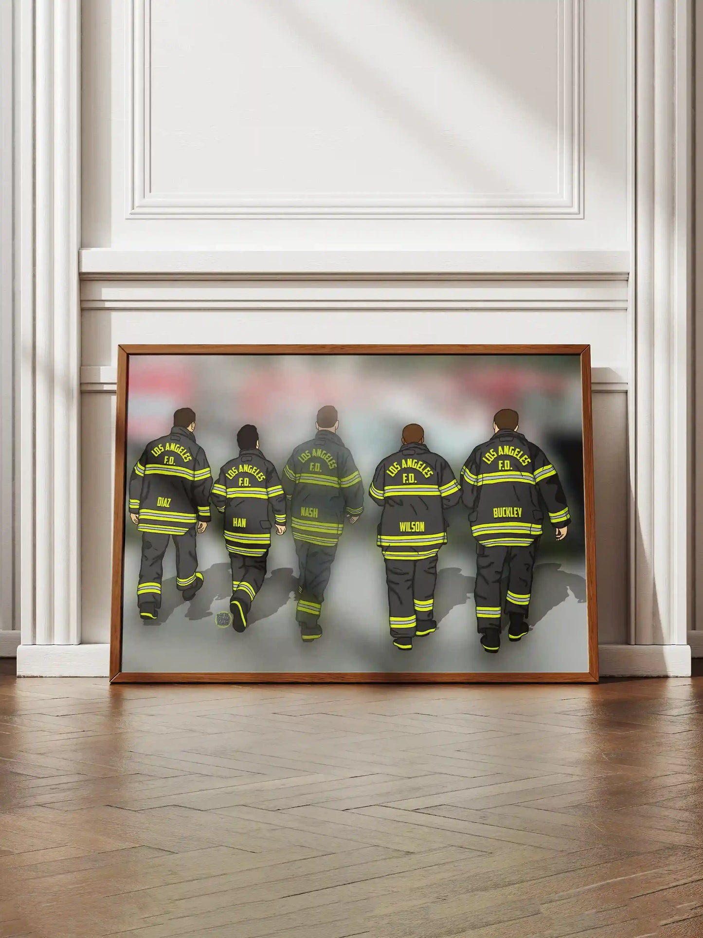 Art print inspired by the tv show 9-1-1, featuring the 118 walking together, with Bobby slightly faded.