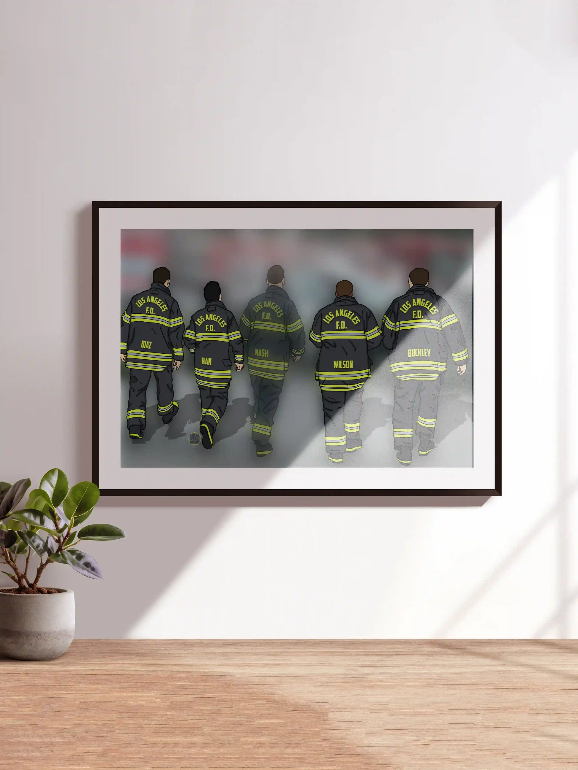Art print inspired by the tv show 9-1-1, featuring the 118 walking together, with Bobby slightly faded.