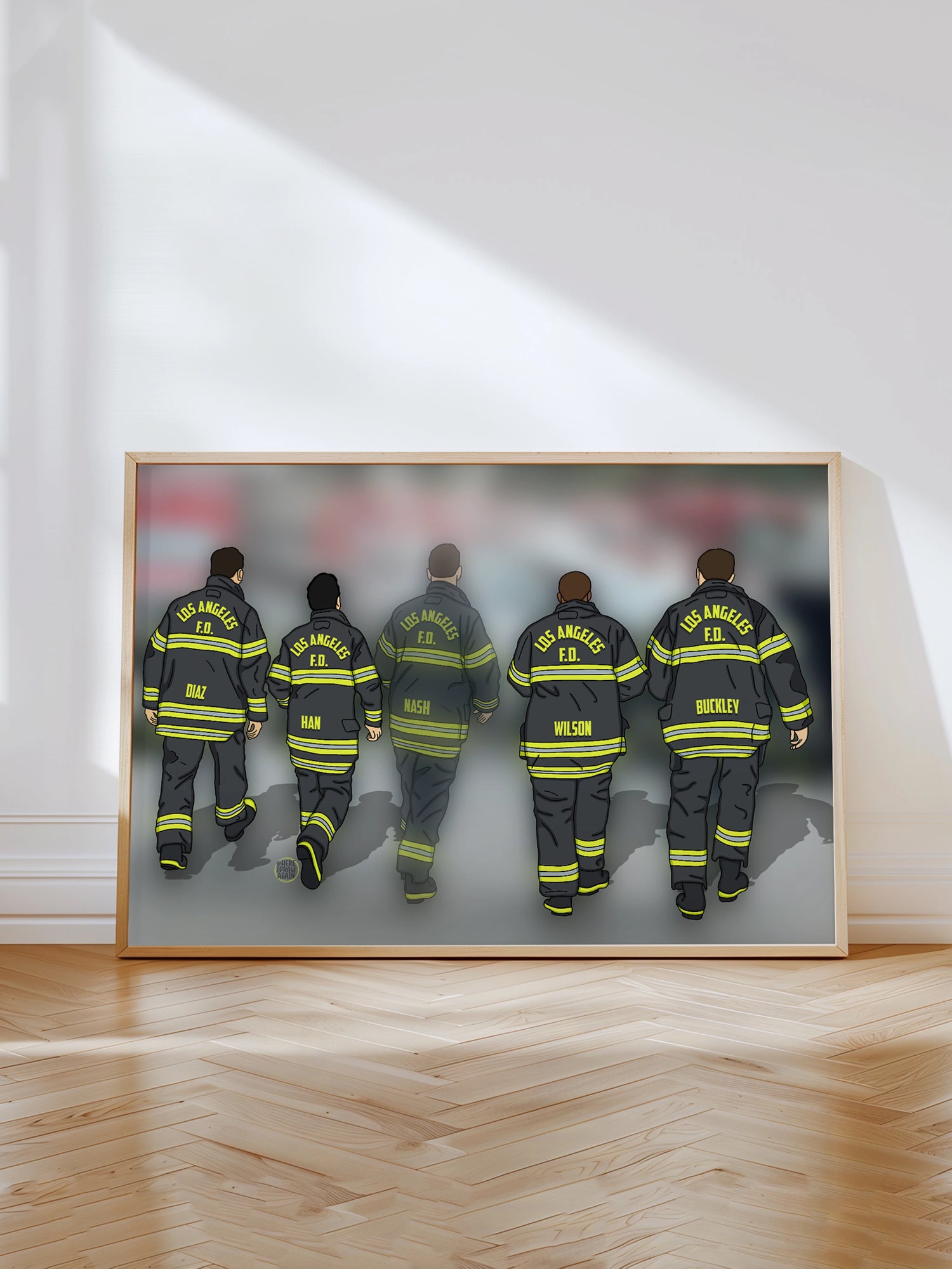 Art print inspired by the tv show 9-1-1, featuring the 118 walking together, with Bobby slightly faded.