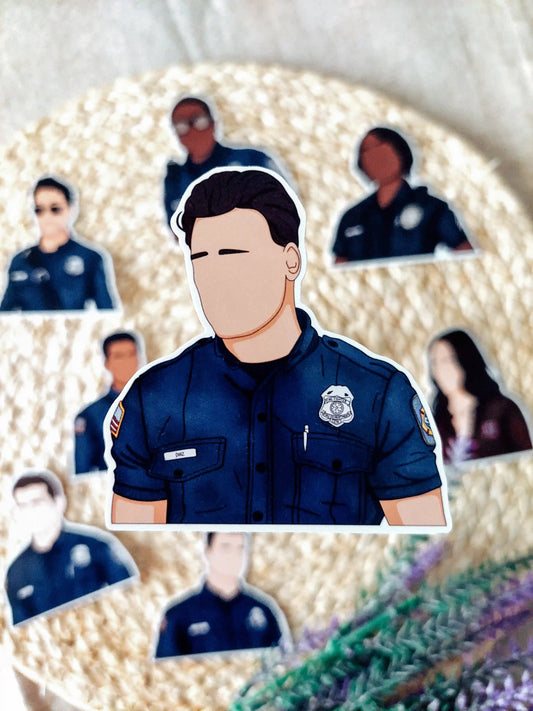 Close up photo of a vinyl sticker inspired by 9-1-1, featuring Eddie Diaz.