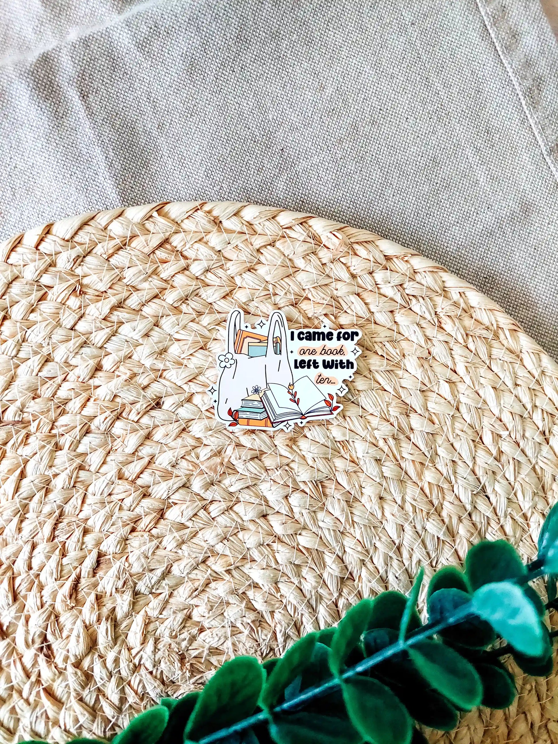 Vinyl bookish sticker featuring a tote bag filled with books and the phrase "I came for one book, left with ten", photographed on a neutral textured background.