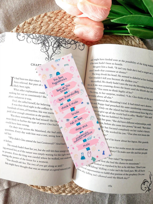 Bookmark showing Ali Hazelwood book titles arranged like a direction signpost with small themed illustrations, resting on an open book.