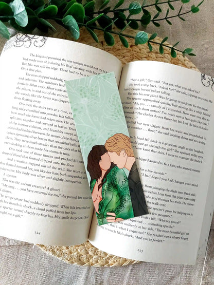 Off Campus inspired bookmark displayed on an open book, featuring an illustration of Allie and Dean on the front and the quote "I will do anything that woman asks. I'd sell my soul to the devil himself if allie told me to" on the back.