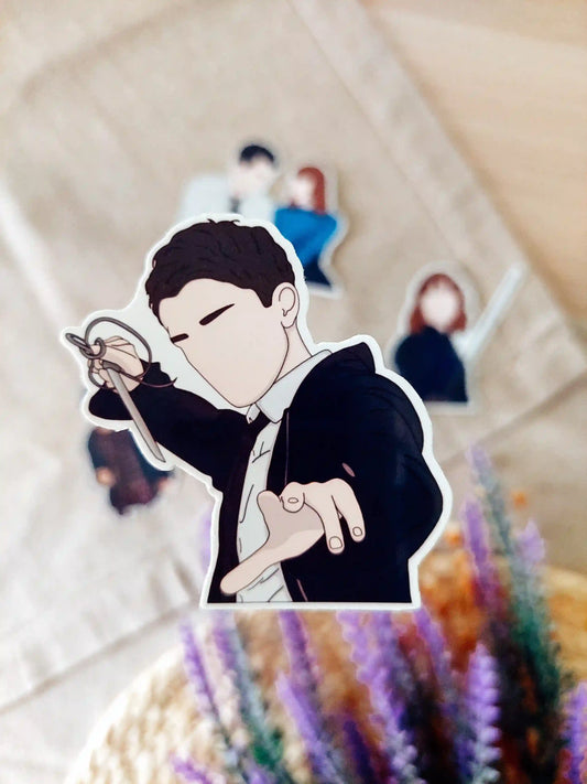 Close up photo of a vinyl sticker inspired by Lockwood & Co, featuring Anthony Lockwood.