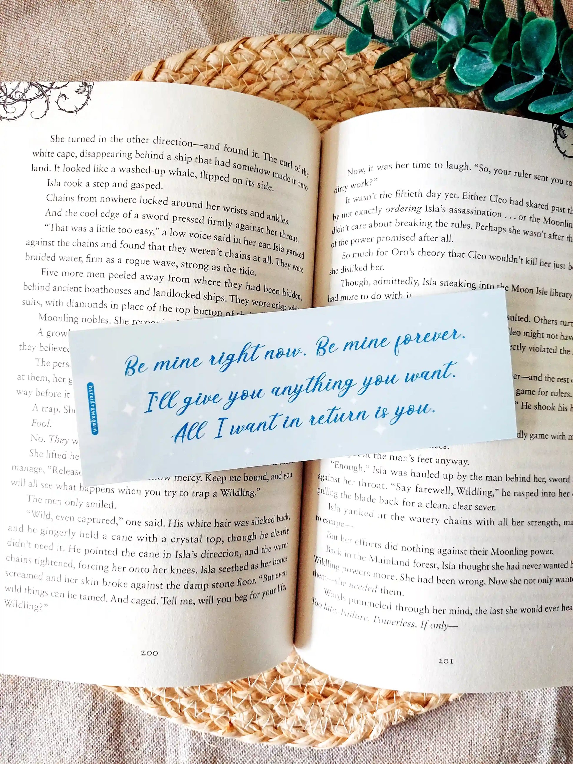 Bookmark inspired by Bridgerton featuring the quote "Be mine right now. Be mine forever. I'll give you anything you want. All I want in return is you", displayed on an open book over a woven mat with decorative plants. 