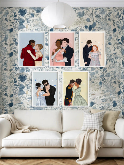 Bundle of five art prints inspired by Bridgerton, featuring illustrations of the five couples from the series, displayed together in white frames on a living room wall.