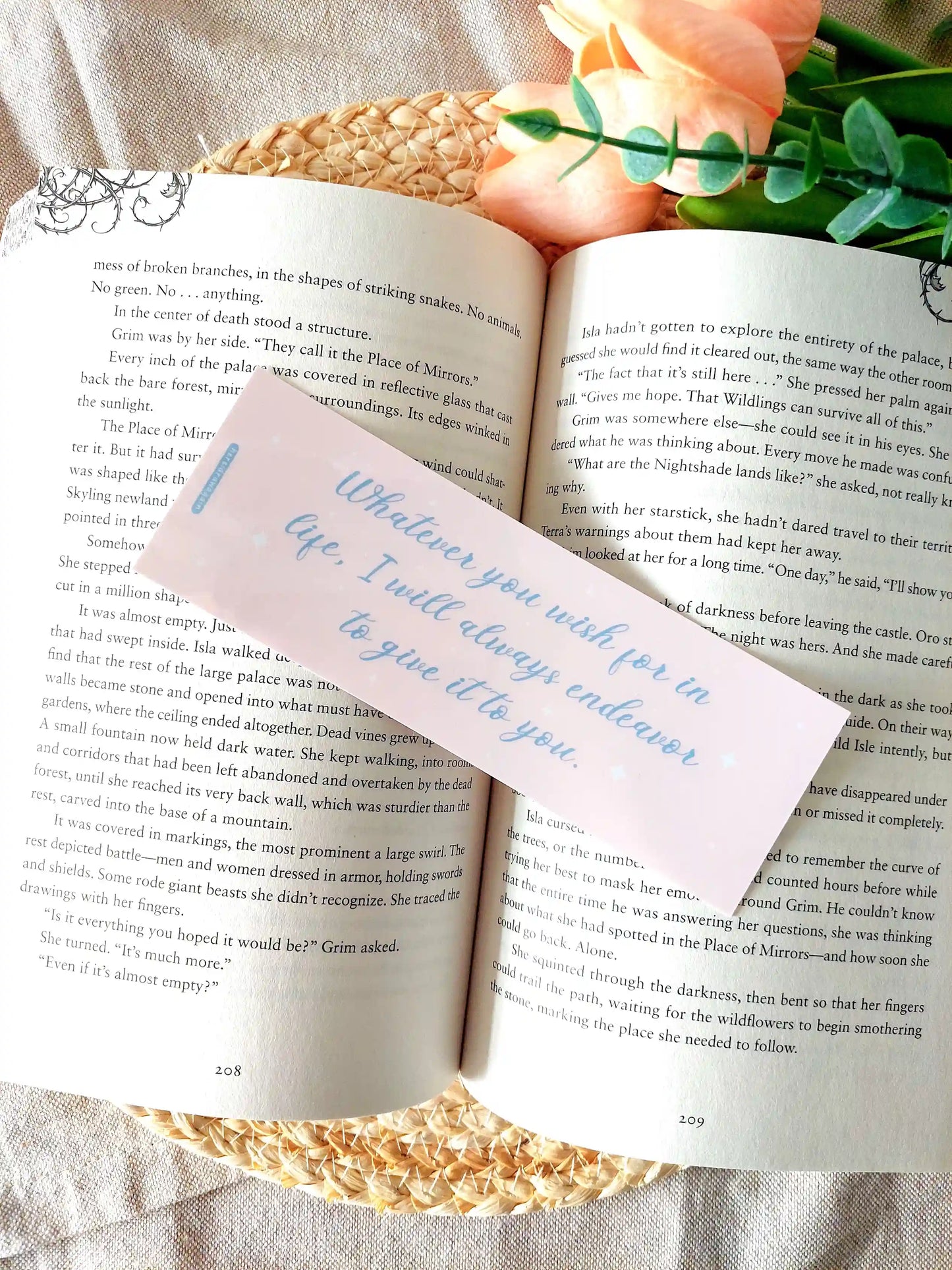 Illustrated bookmark featuring Francesca and John from Bridgerton in an embrace on a soft pink background with blue stars, with the quote "Whatever you wish for in life, I will always endeavor to give it to you" on the back.