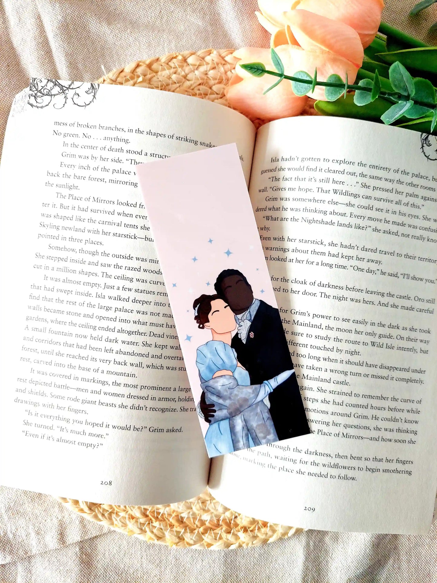 Illustrated bookmark featuring Francesca and John from Bridgerton in an embrace on a soft pink background with blue stars.