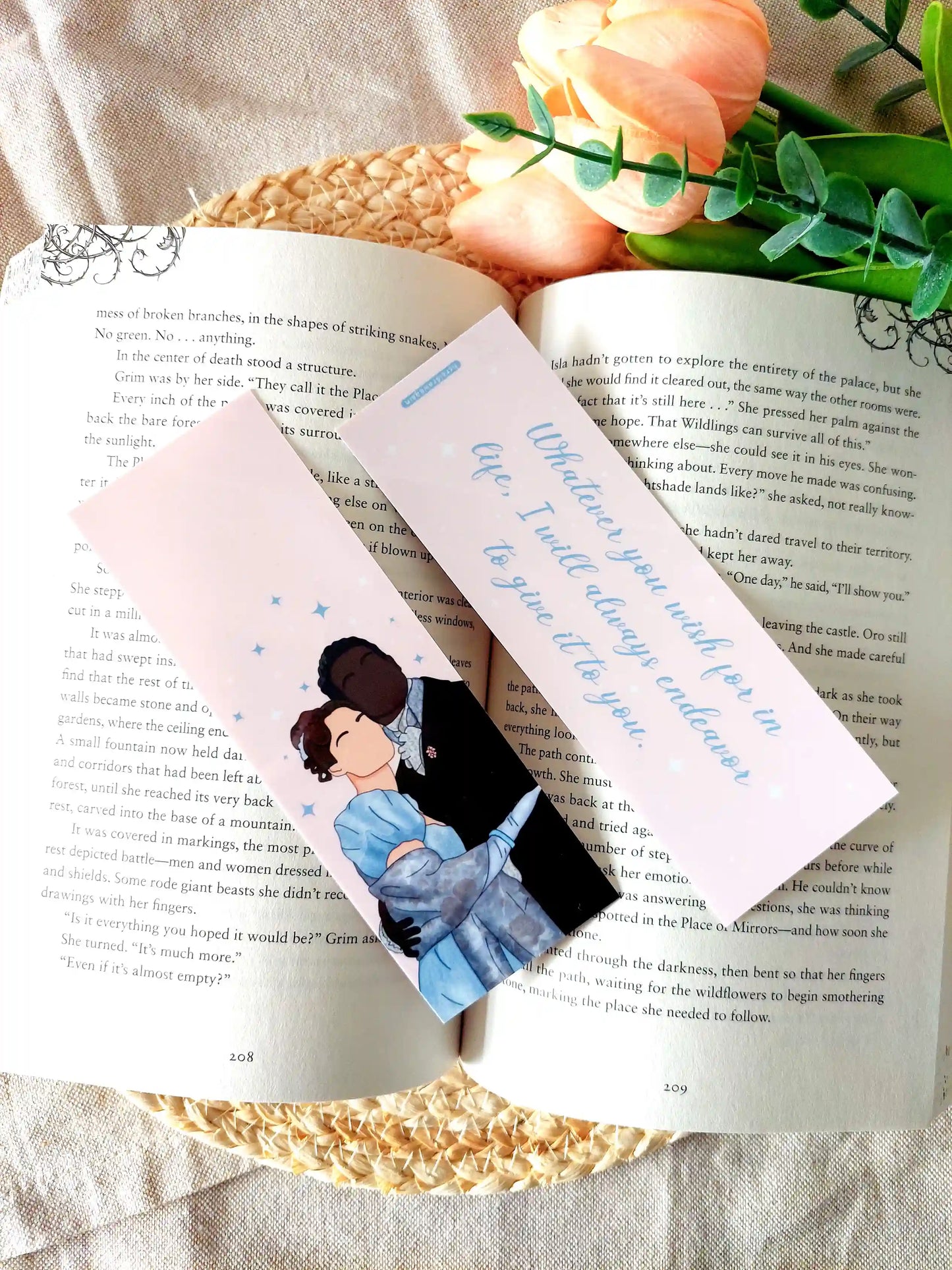 Illustrated bookmark featuring Francesca and John from Bridgerton in an embrace on a soft pink background with blue stars, with the quote "Whatever you wish for in life, I will always endeavor to give it to you" on the back.