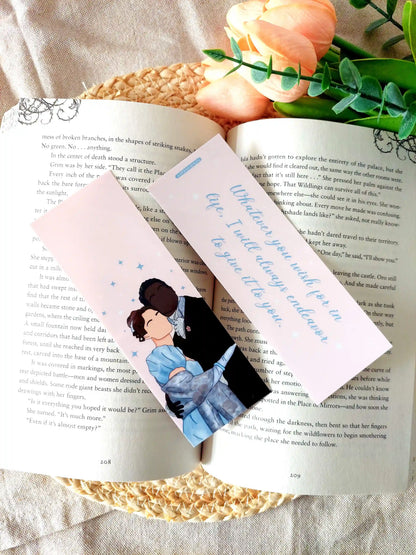 Illustrated bookmark featuring Francesca and John from Bridgerton in an embrace on a soft pink background with blue stars, with the quote "Whatever you wish for in life, I will always endeavor to give it to you" on the back.