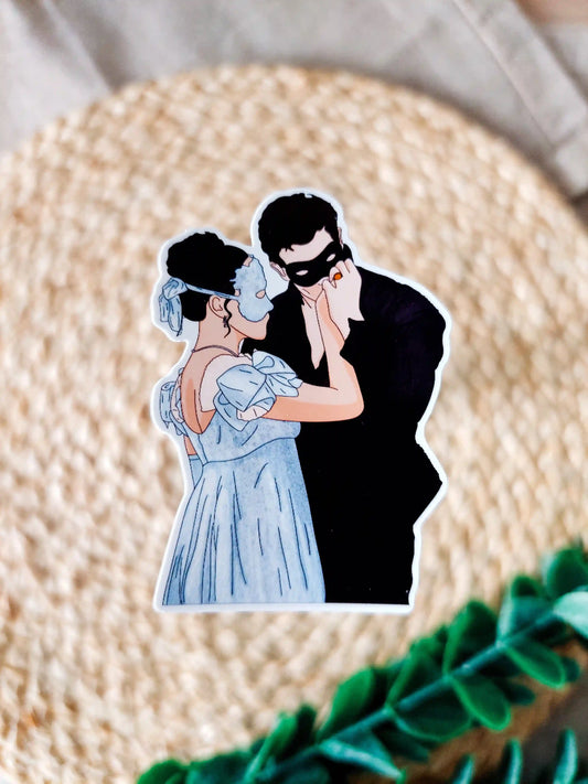 Close up photo of a vinyl sticker inspired by Bridgerton, featuring Sophie and Benedict.