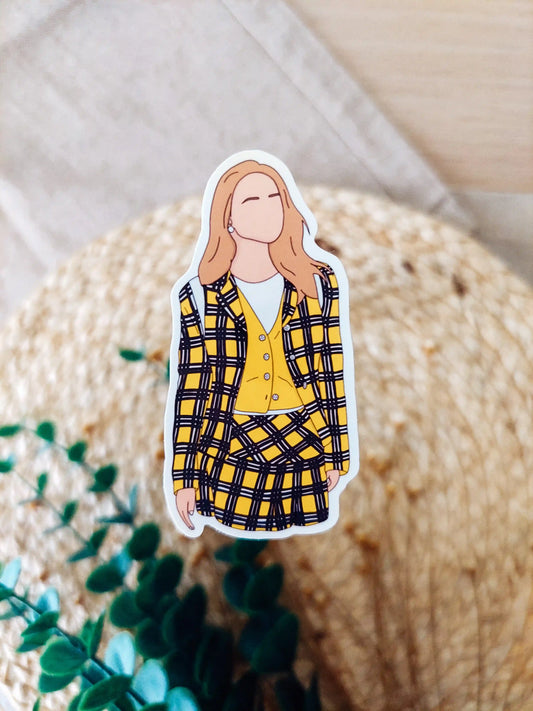 Close up photo of a vinyl sticker inspired by Clueless, featuring Cher Horowitz.