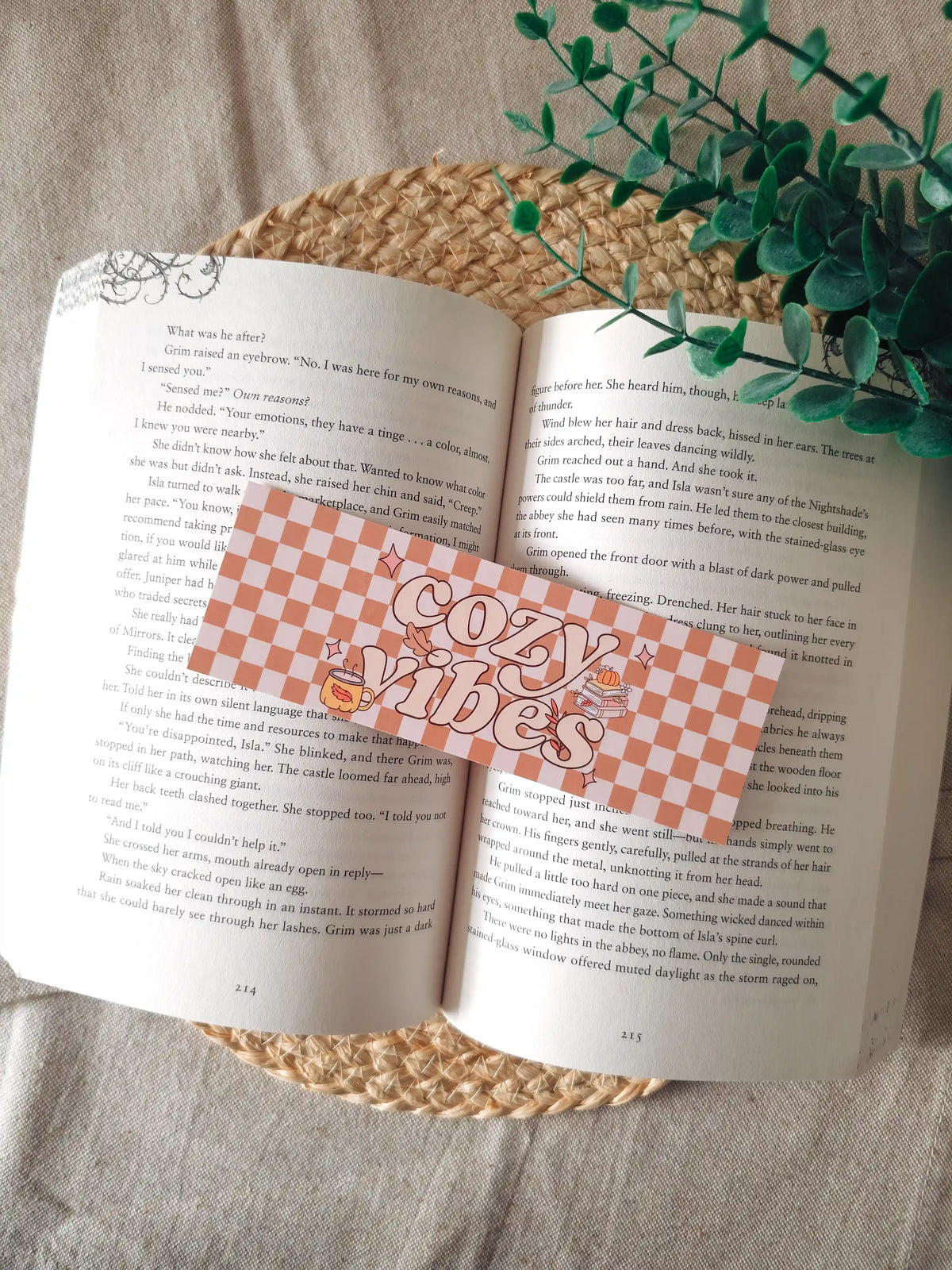 A horizontal laminated bookmark with a terracotta and white checkered pattern and the text "cozy vibes" in retro-style lettering, decorated with small illustrations of a steaming mug, autumn leaves, and a stack of books with a pumpkin, resting on an open book on a woven rattan mat, with green eucalyptus sprigs in the upper right corner.