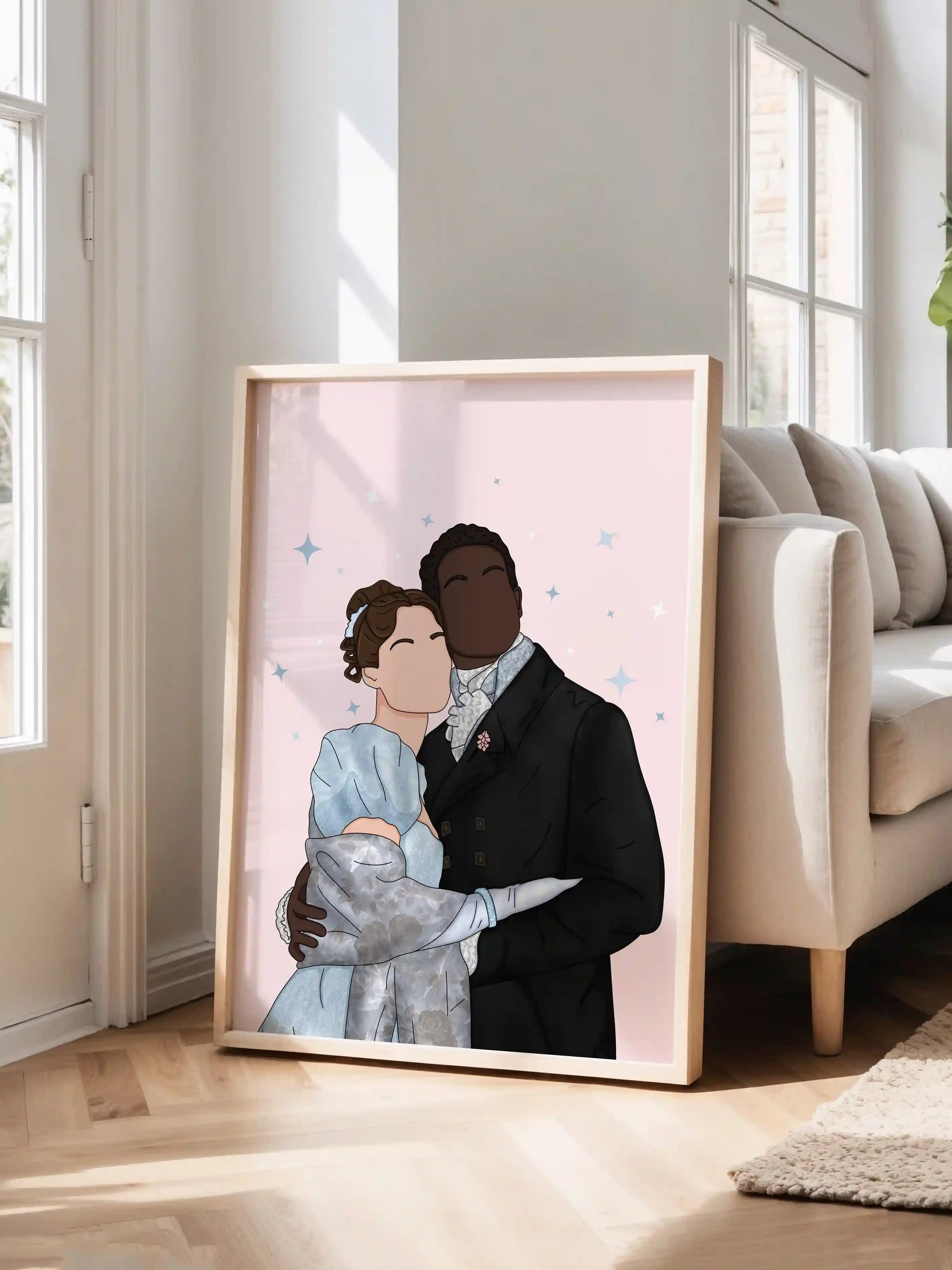Art print inspired by Bridgerton, featuring Francesca and John with the quote "Whatever you wish for in life, I will always endeavor to give it to you. displayed in a frame.