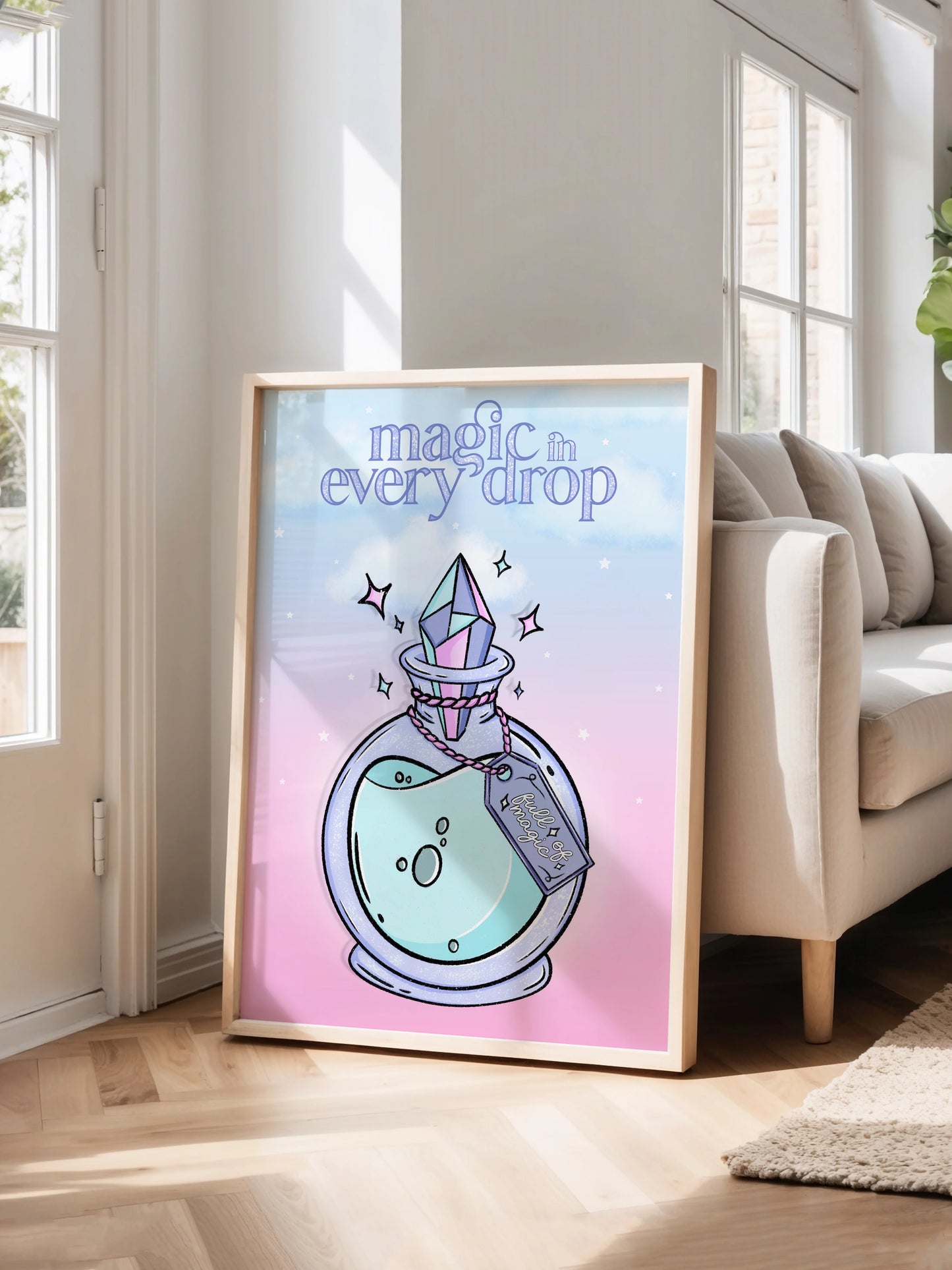 Art print featuring an illustrated potion bottle with a crystal stopper and the phrase "Magic in Every Drop" displayed in a frame.