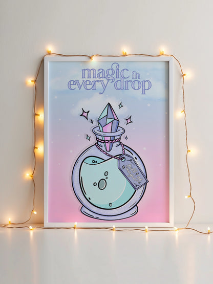 Art print featuring an illustrated potion bottle with a crystal stopper and the phrase "Magic in Every Drop" displayed in a frame with decorative lights.