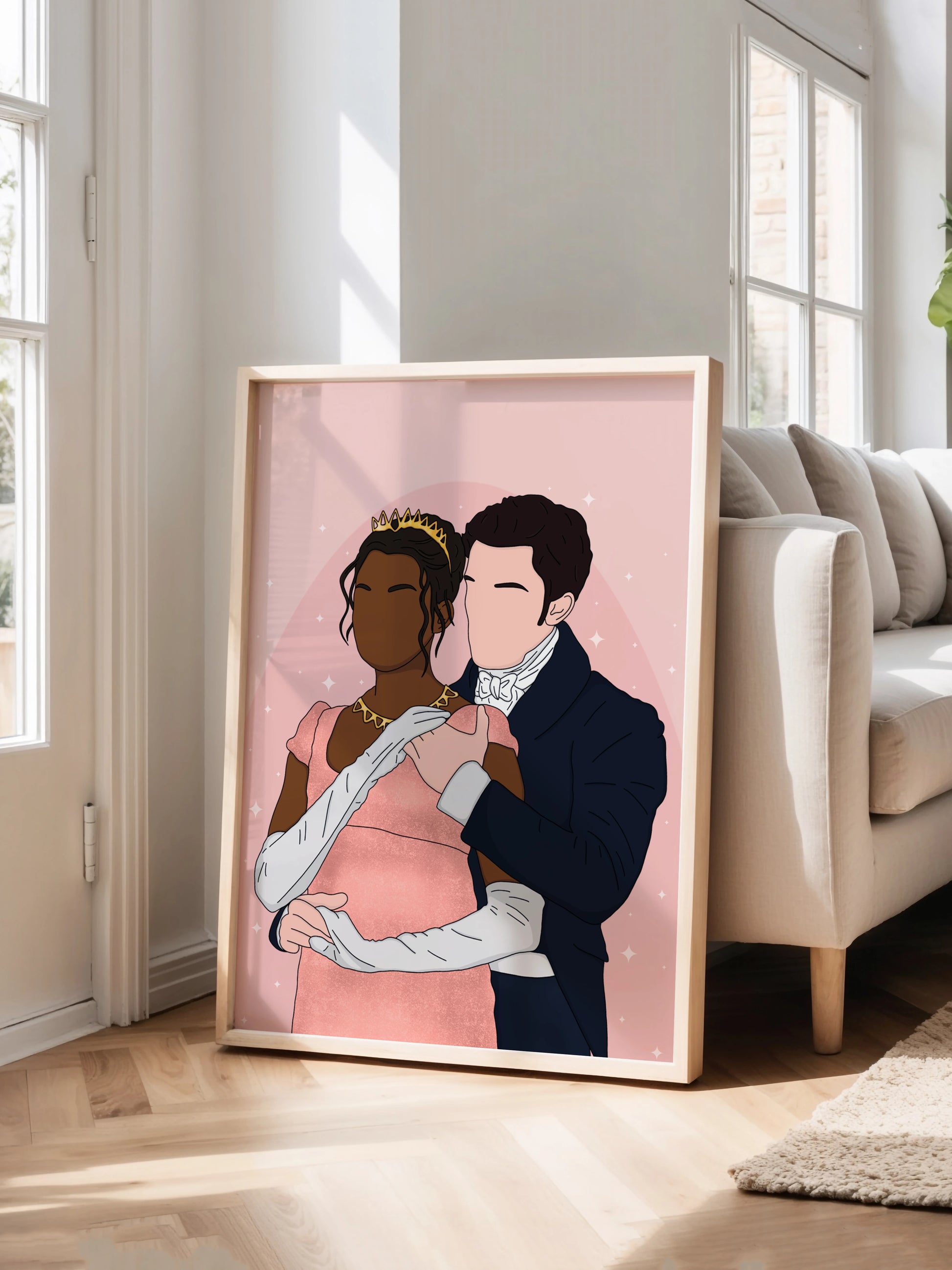 Art print inspired by Bridgerton, featuring Kate and Anthony, displayed in a frame.
