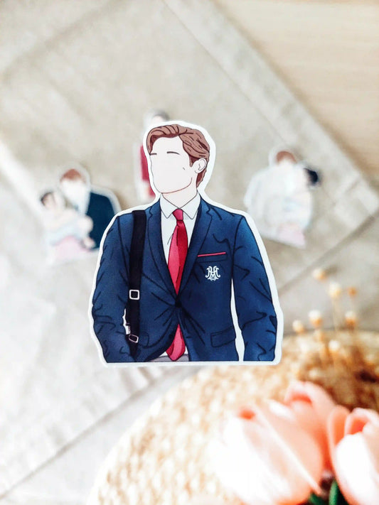 Close up photo of a vinyl sticker inspired by Maxton Hall, featuring James Beaufort in his school outfit.