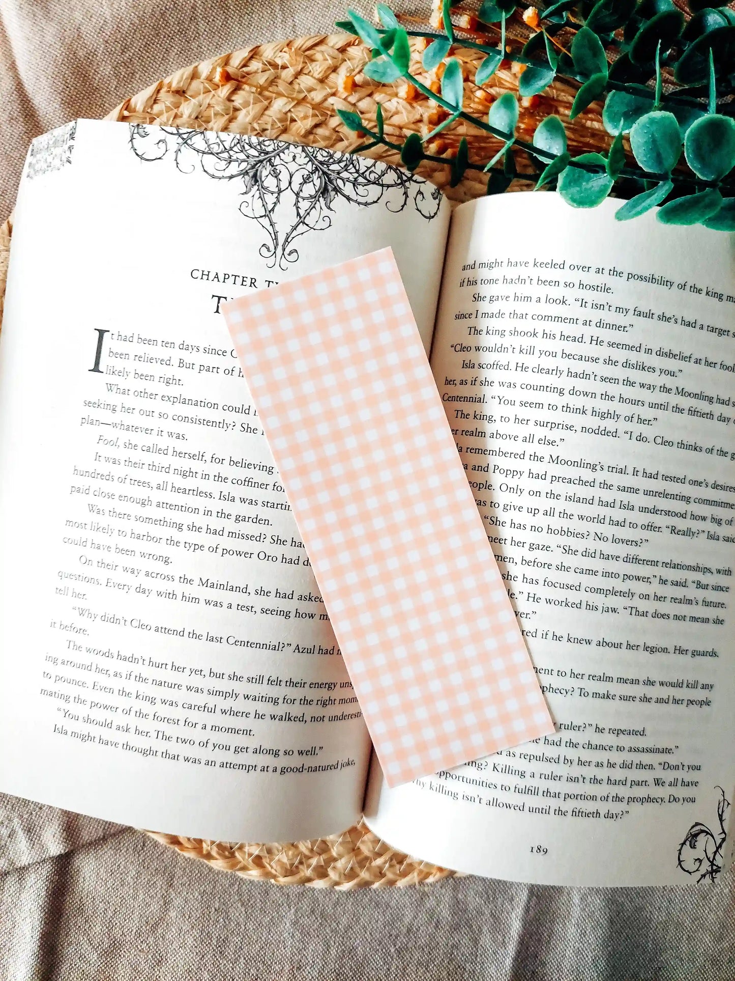 Bookmark with an orange gingham pattern, resting on an open book.