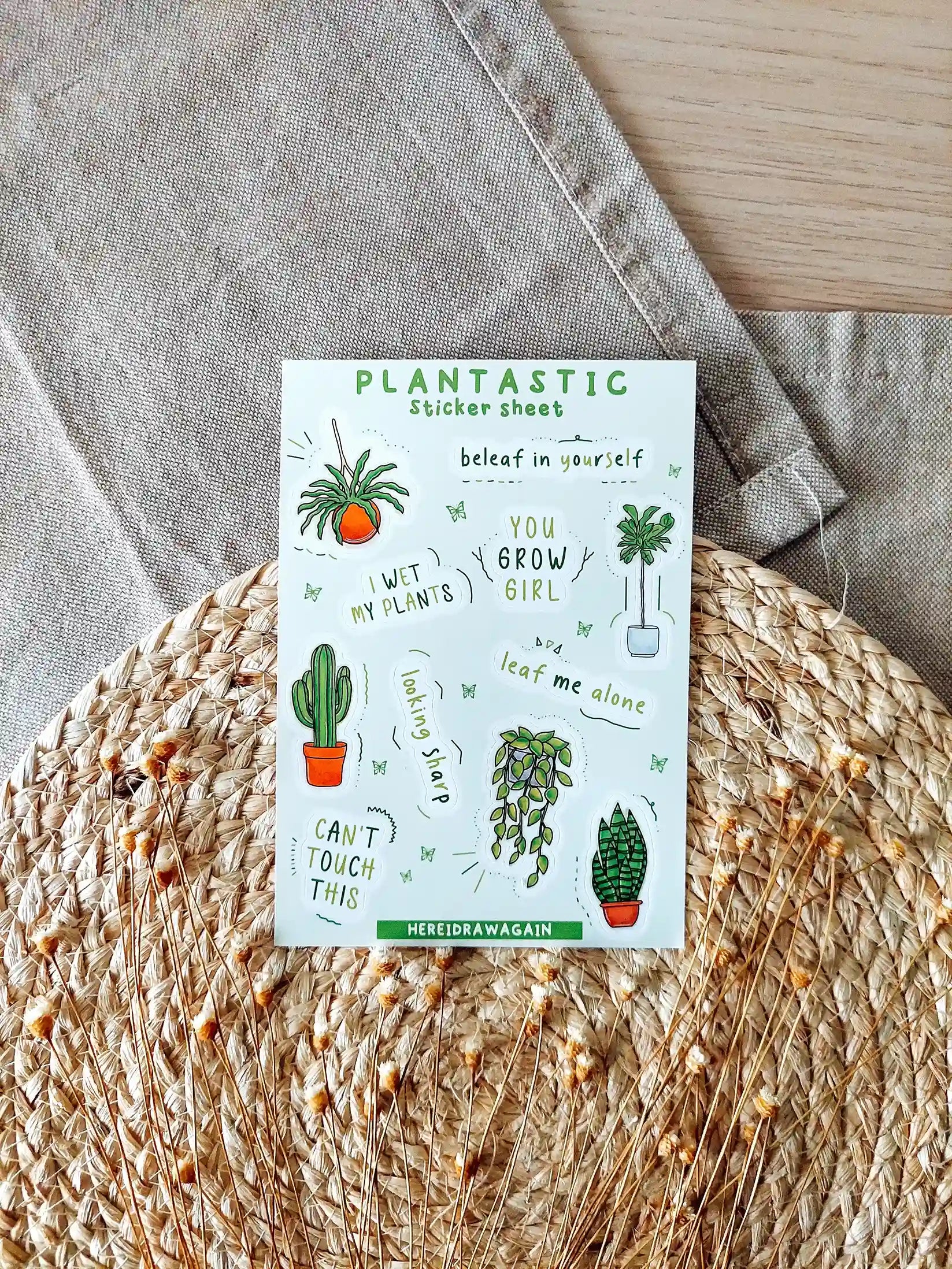 Plants themed sticker sheet featuring illustrated houseplants and plant related puns, photographed on a woven mat with decorative flowers.