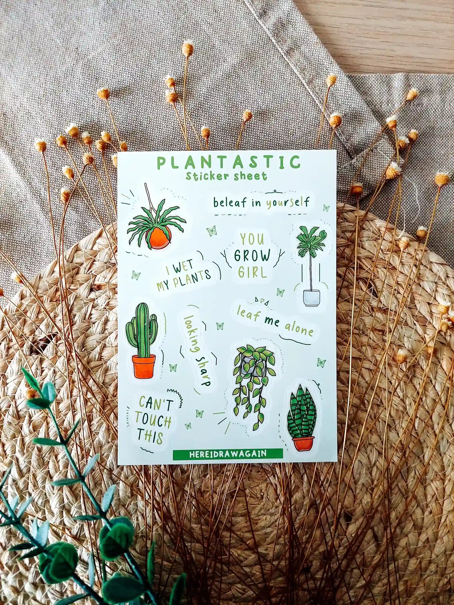 Plants themed sticker sheet featuring illustrated houseplants and plant related puns, photographed on a woven mat with decorative flowers.