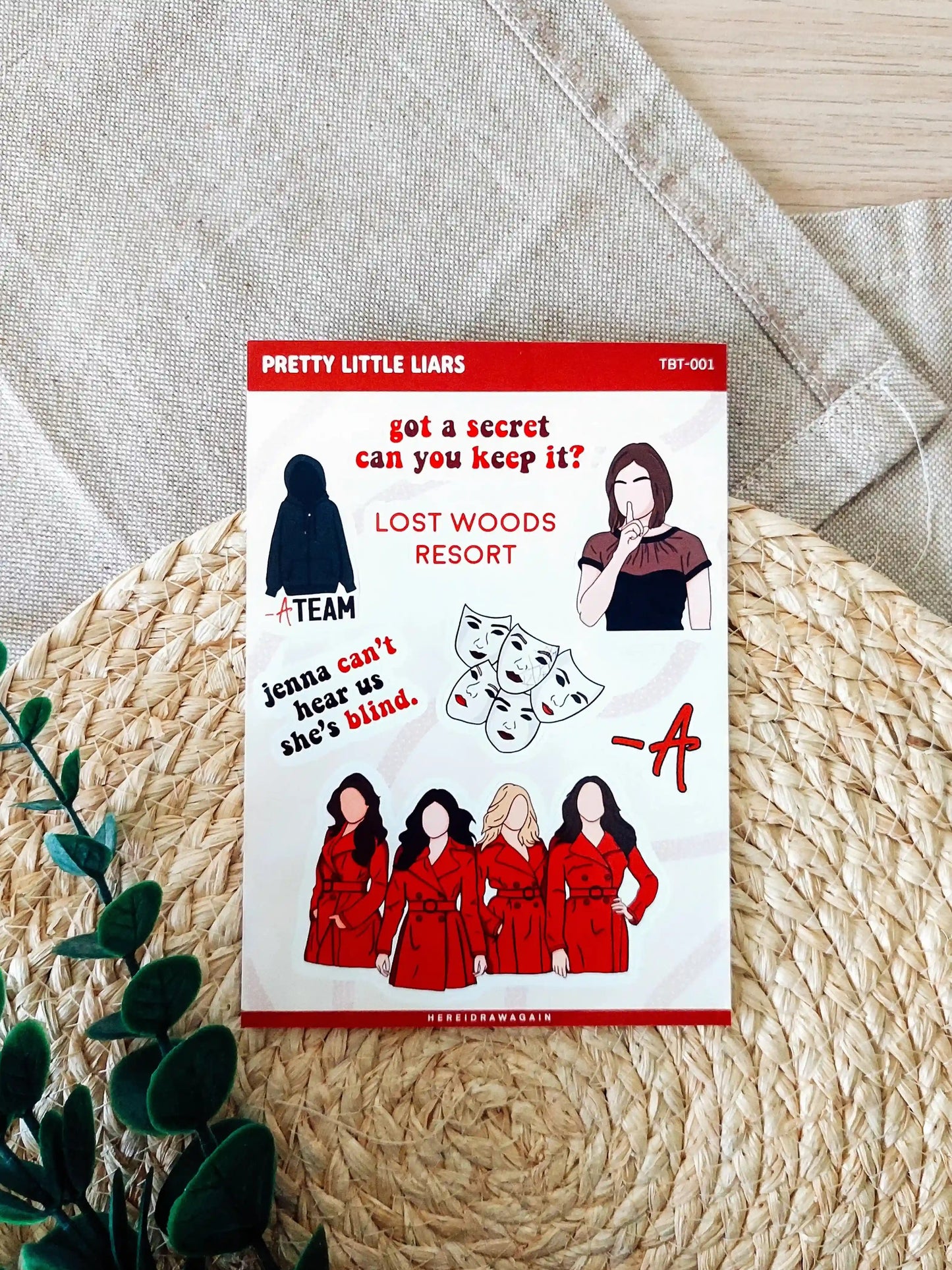 Pretty Little Liars themed sticker sheet featuring iconic symbols, quotes and details from the show, photographed on a woven mat.