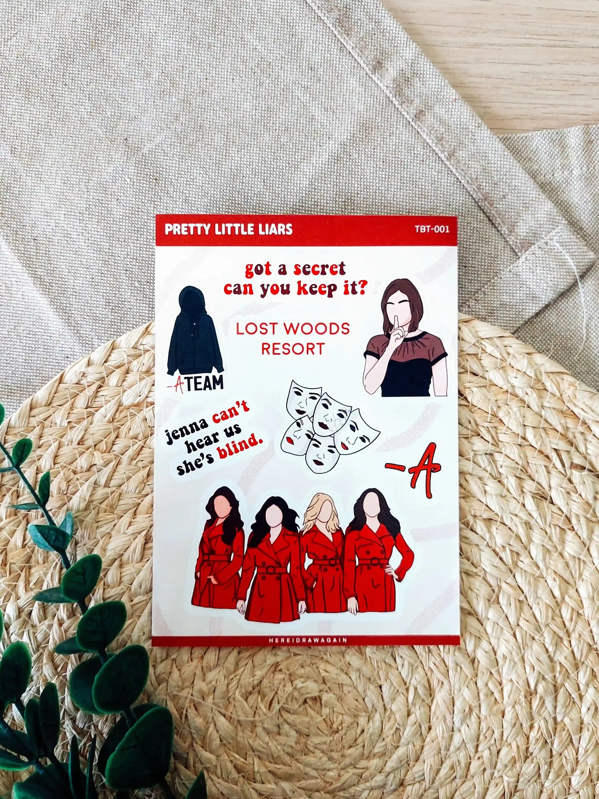 Pretty Little Liars themed sticker sheet featuring iconic symbols, quotes and details from the show, photographed on a woven mat.