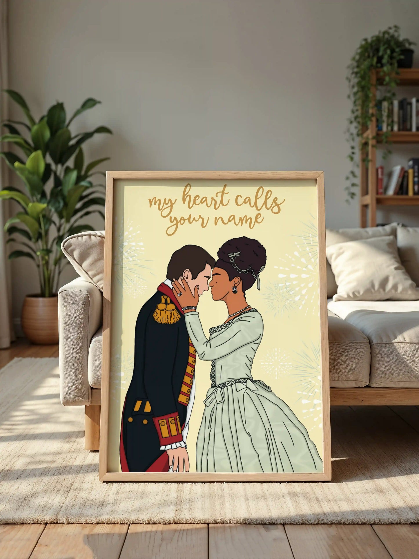 Art print inspired by Queen Charlotte, featuring Charlotte and King George with the quote "My heart calls your name", displayed in a frame.