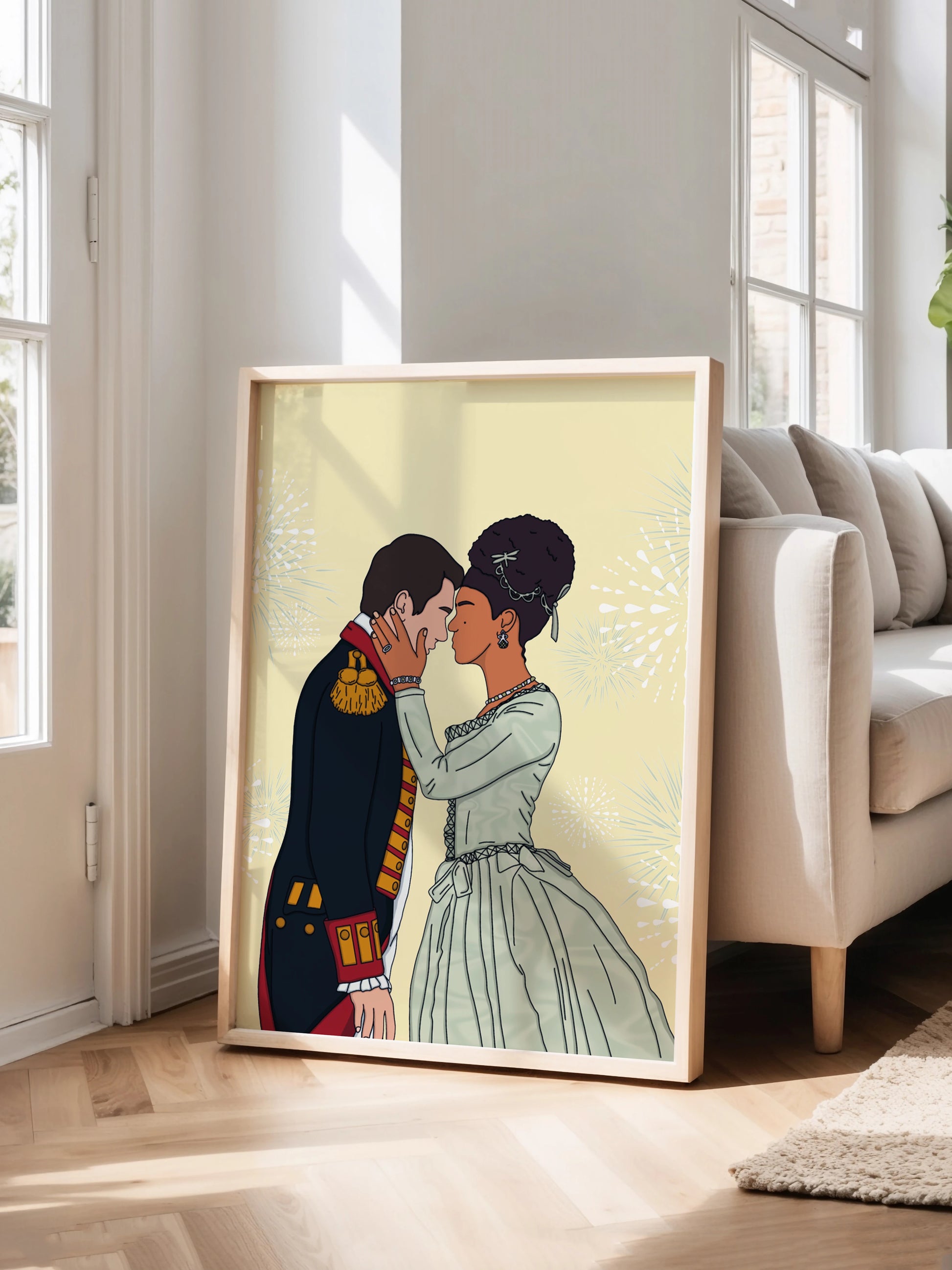 Art print inspired by Queen Charlotte, featuring Charlotte and King George, displayed in a frame.