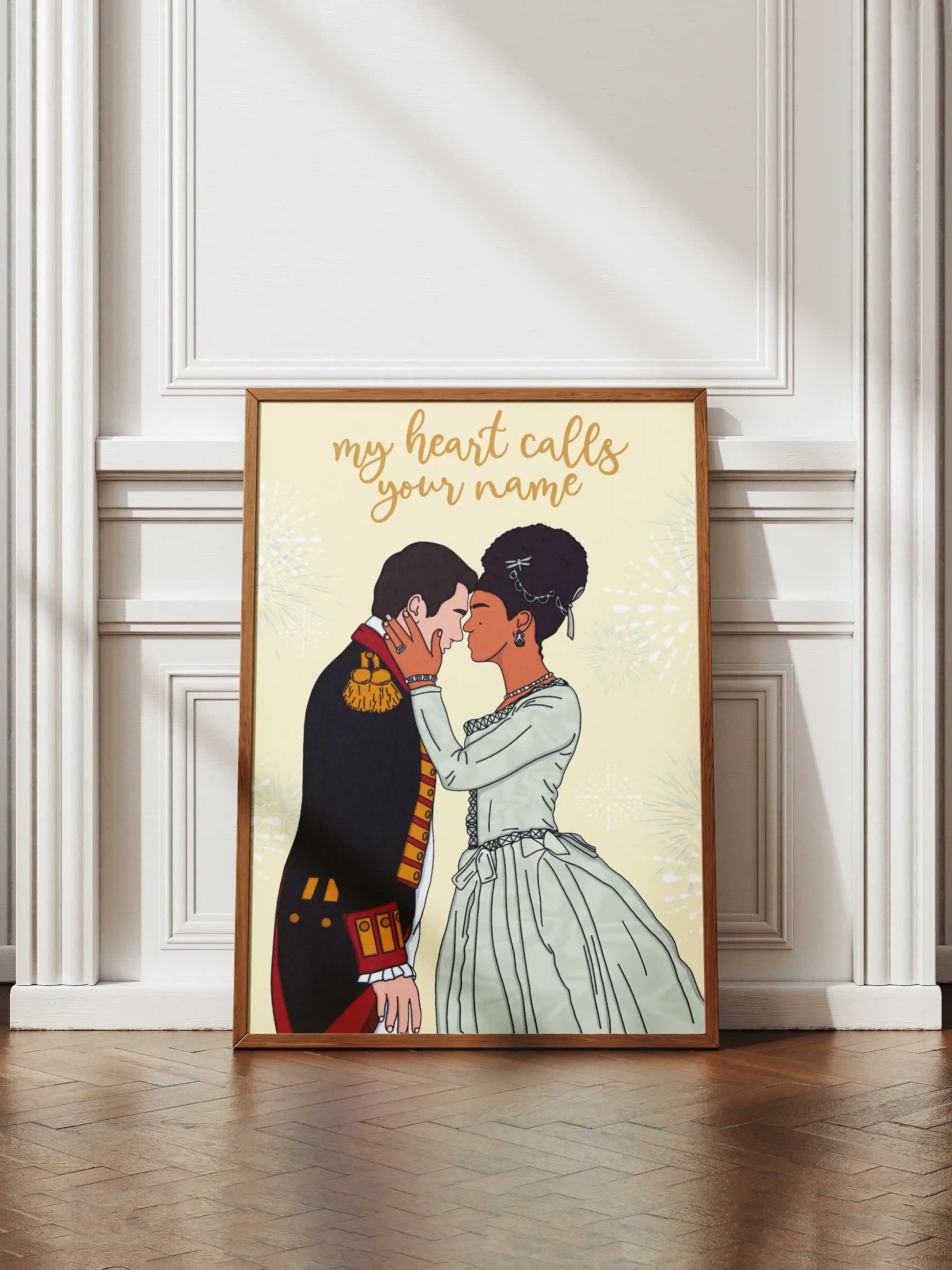 Art print inspired by Queen Charlotte, featuring Charlotte and King George with the quote "My heart calls your name", displayed in a frame.