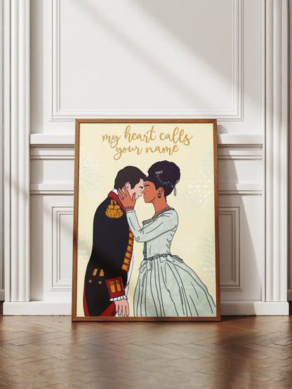 Art print inspired by Queen Charlotte, featuring Charlotte and King George with the quote "My heart calls your name", displayed in a frame.