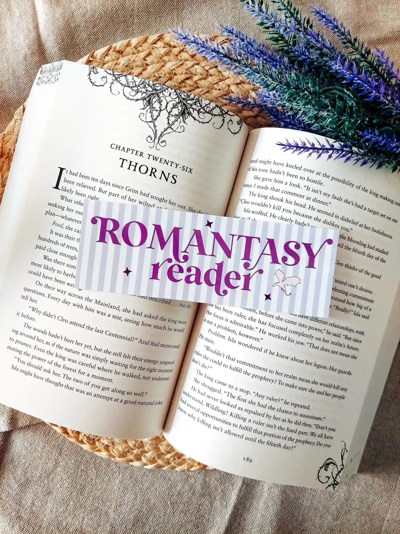 Illustrated bookmark with the text "Romantasy Reader", featuring purple stripes and decorative stars and dragons, resting on an open book.