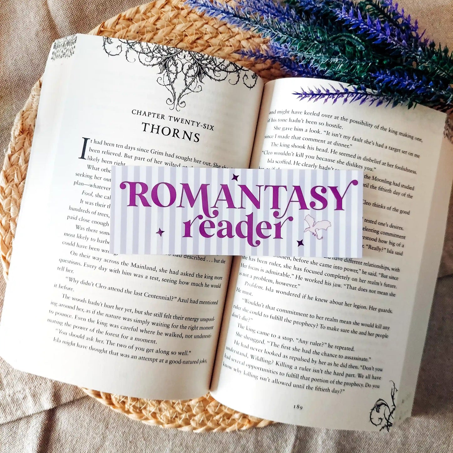 Illustrated bookmark with the text "Romantasy Reader", featuring purple stripes and decorative stars and dragons, resting on an open book.