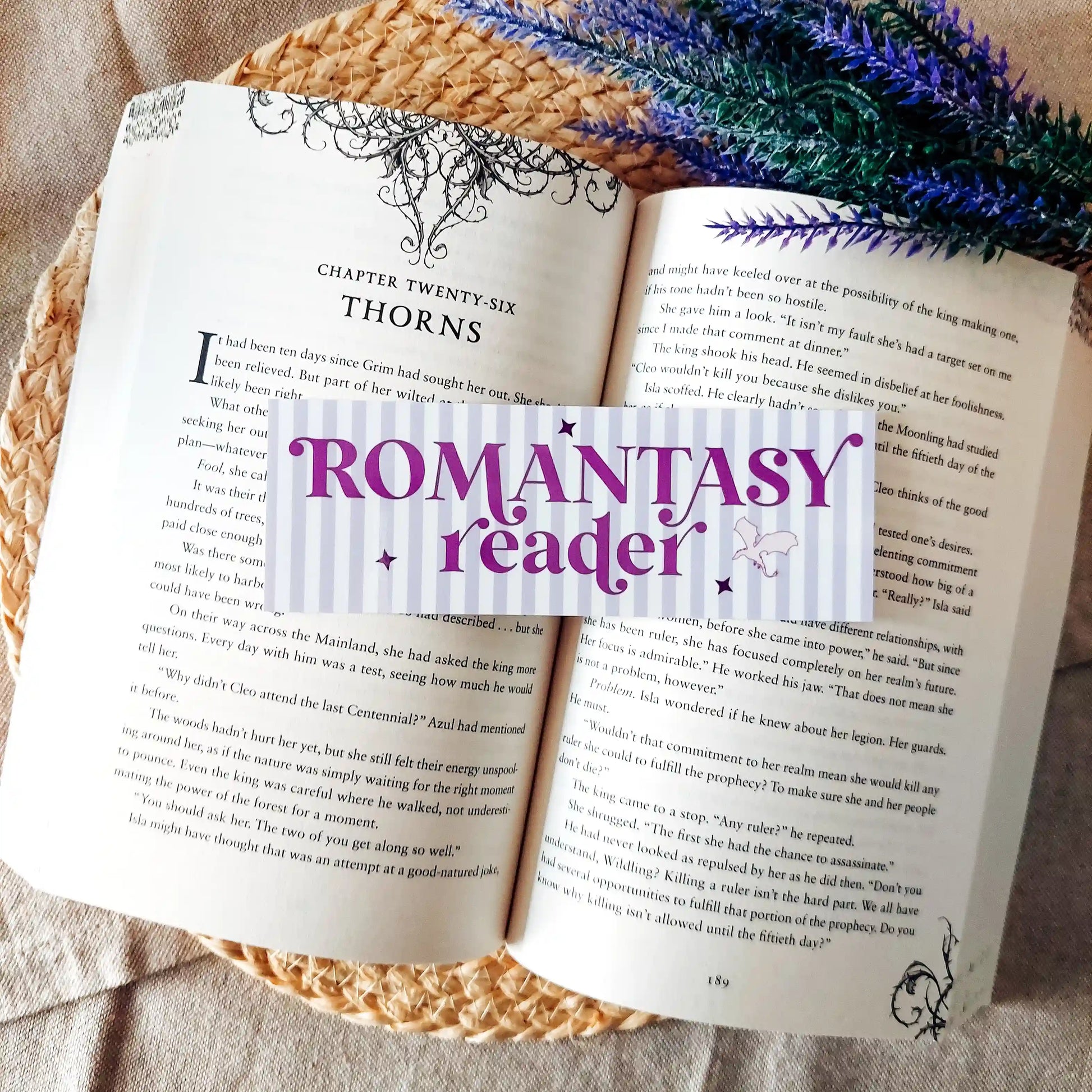 Illustrated bookmark with the text "Romantasy Reader", featuring purple stripes and decorative stars and dragons, resting on an open book.