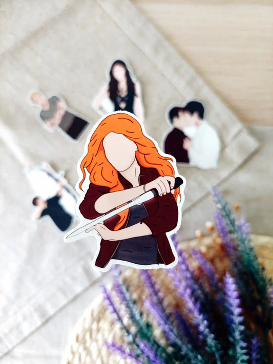 Close up photo of a vinyl sticker inspired by Shadowhunters, featuring Clary Fray.