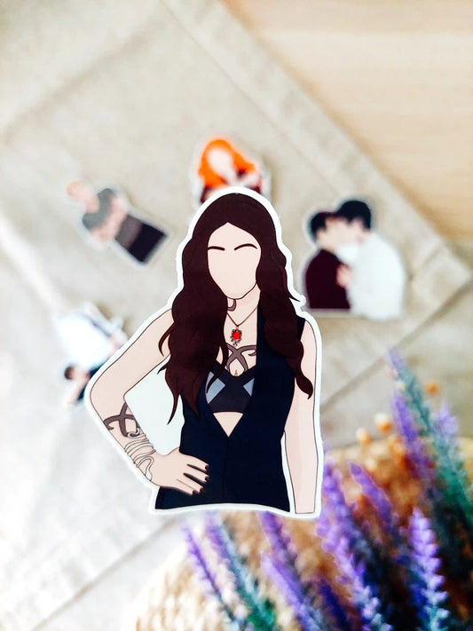 Close up photo of a vinyl sticker inspired by Shadowhunters, featuring Isabelle Lightwood.