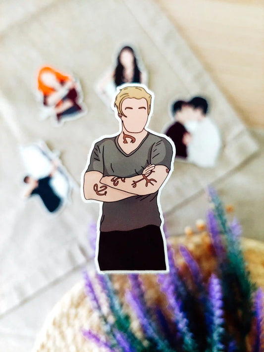 Close up photo of a vinyl sticker inspired by Shadowhunters, featuring Jace Herondale.