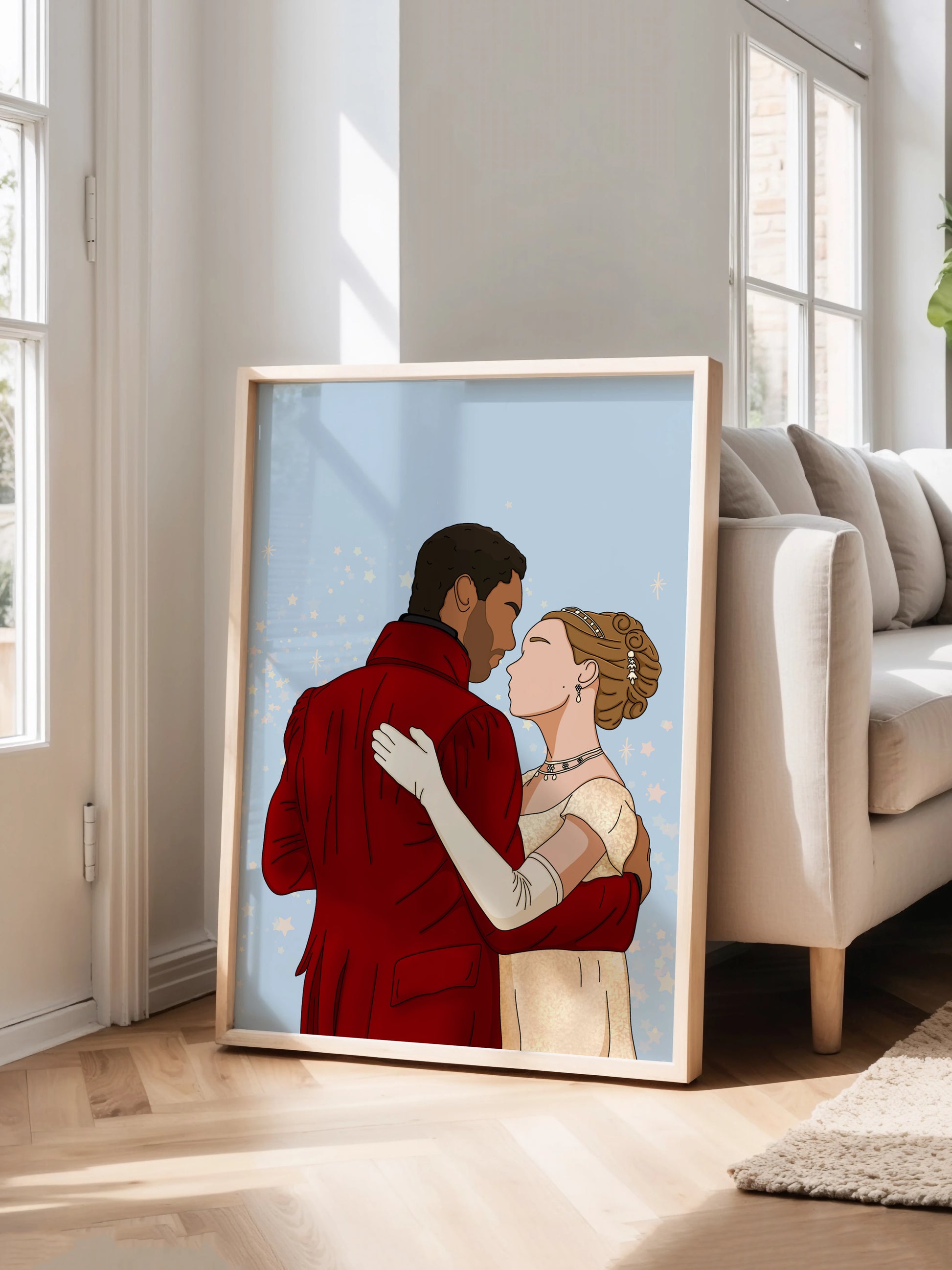 Art print inspired by Bridgerton, featuring Simon and Daphne, displayed in a frame.
