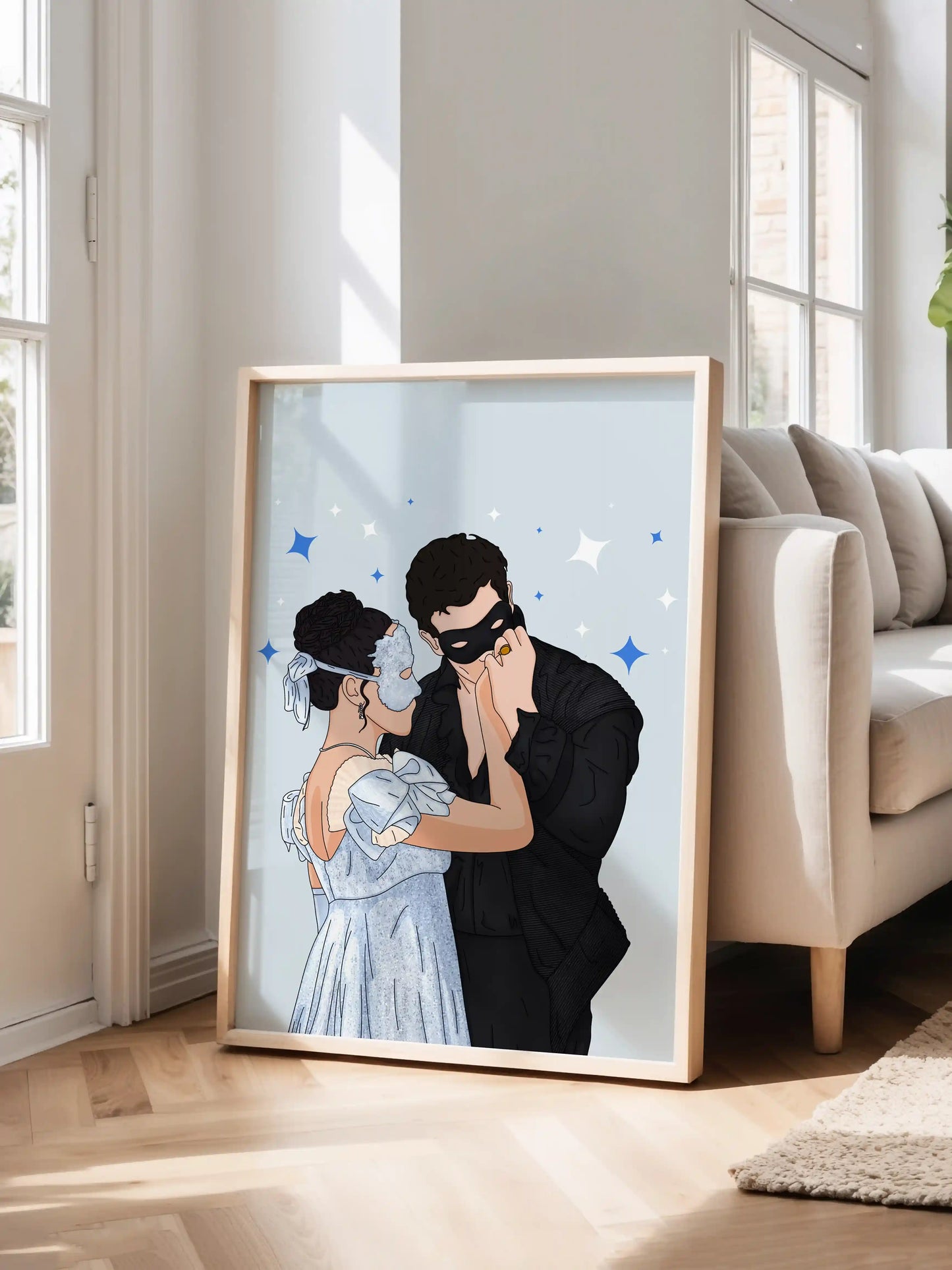 Art print inspired by Bridgerton, featuring Sophie and Benedict, displayed in a frame.