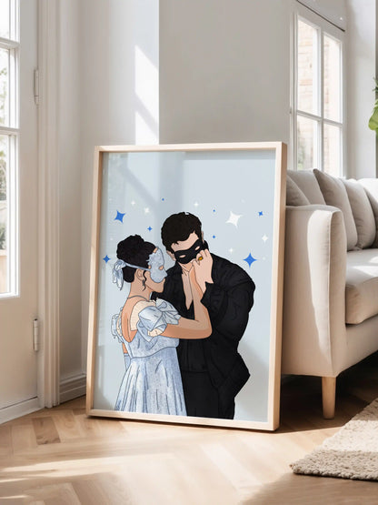 Art print inspired by Bridgerton, featuring Sophie and Benedict, displayed in a frame.