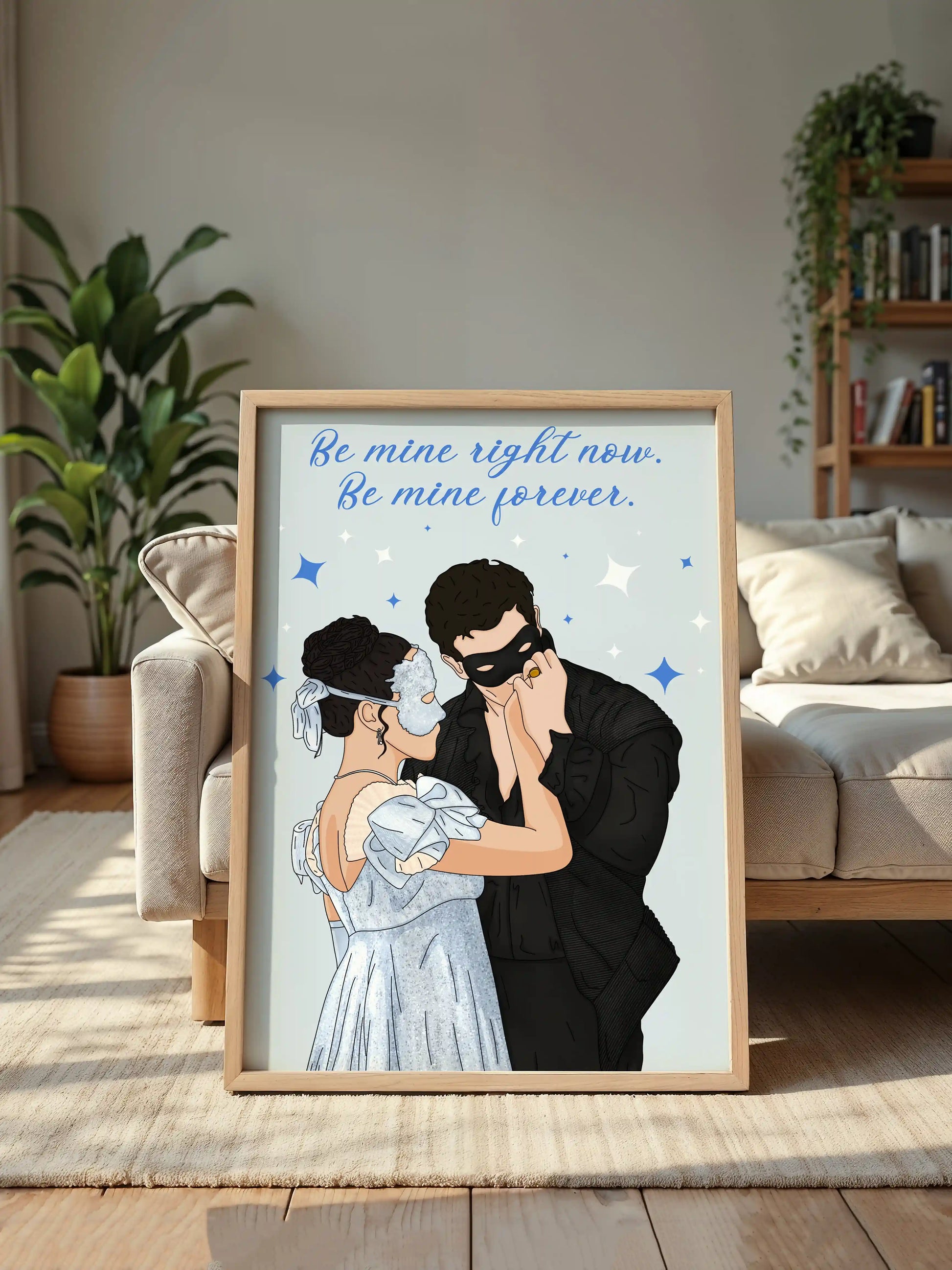 Art print inspired by Bridgerton, featuring Sophie and Benedict with the quote "Be mine right now. Be mine forever" displayed in a frame.