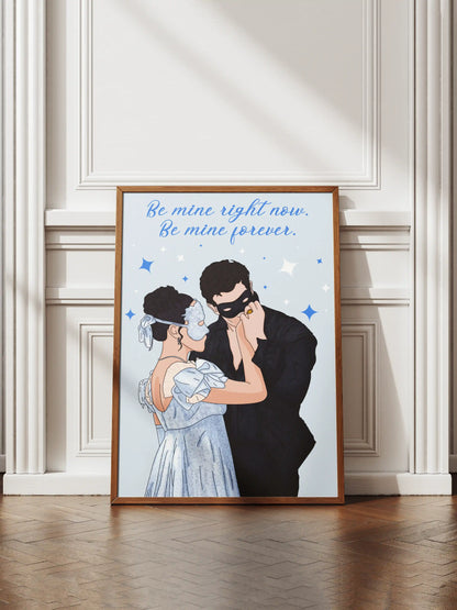 Art print inspired by Bridgerton, featuring Sophie and Benedict with the quote "Be mine right now. Be mine forever" displayed in a frame.