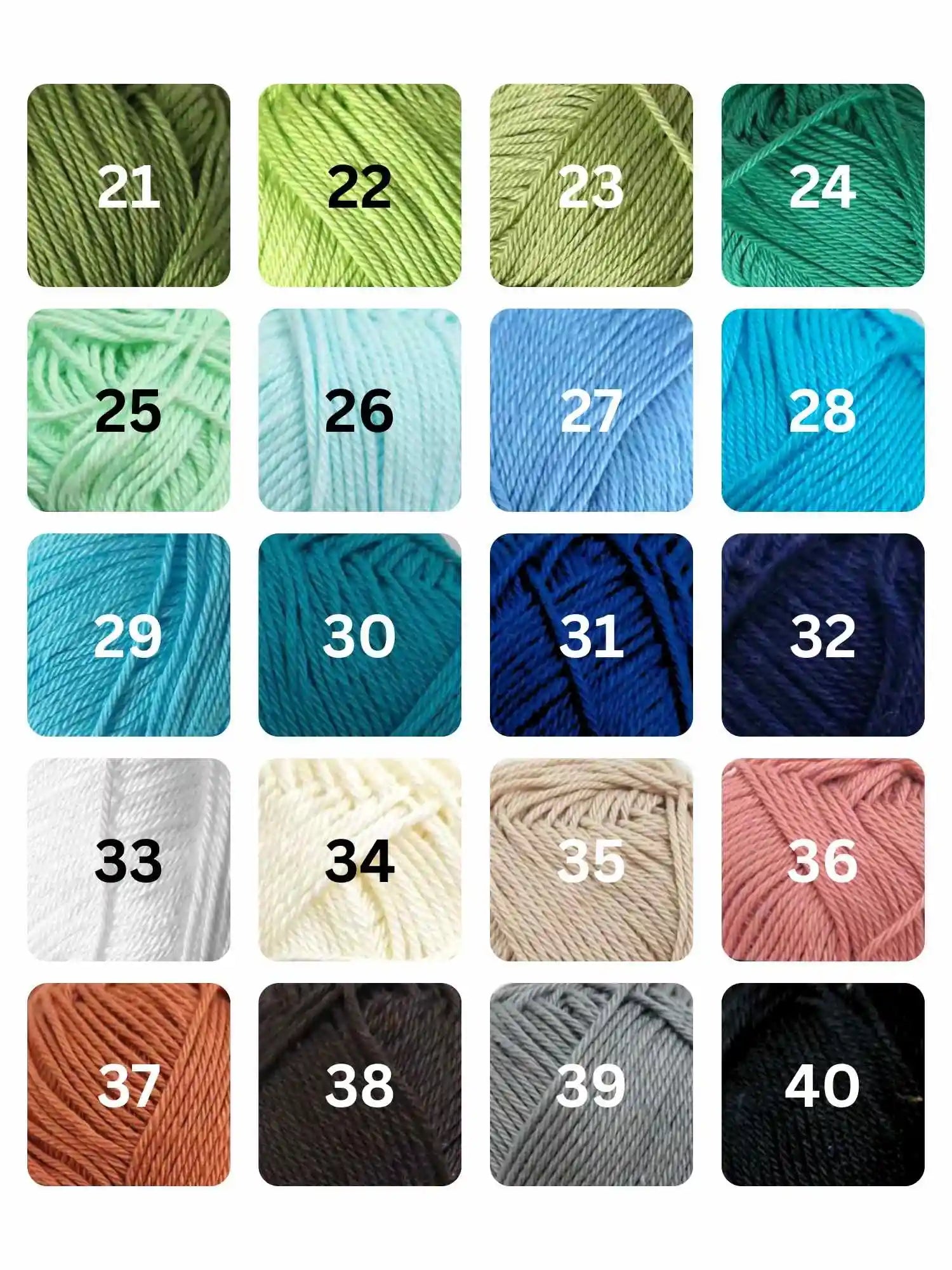 Close-up yarn color chart showing shades 20 to 40 available for custom punch needle orders.